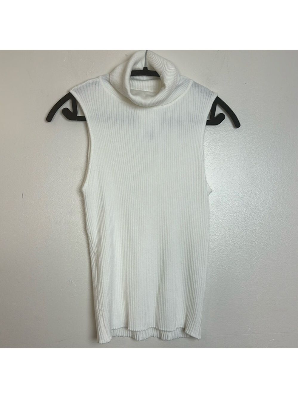 Crescent Sleeveless Turtleneck White Ribbed Sweater Top
